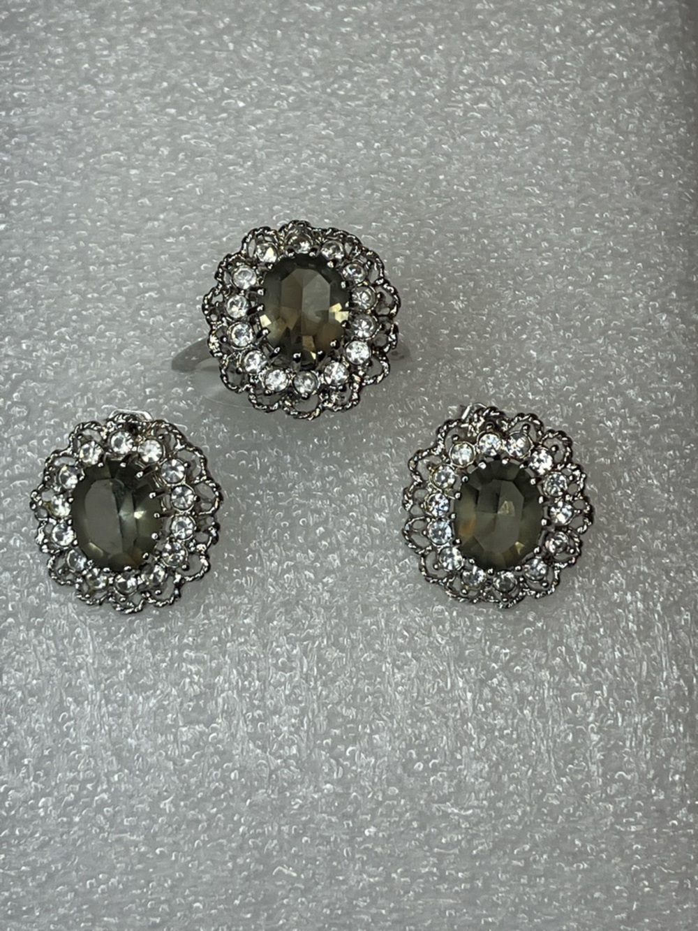14k Gold Plated Smoky Crystal Floral Ring and Earrings Set